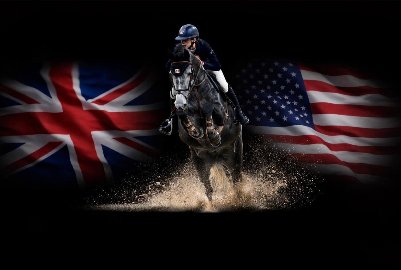 European showjumping horse clearing a fence against a blended Union Jack and American flag background